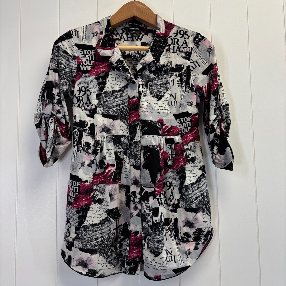 Style & Co Y2K News Print Button Down Shirt Women Size PS Maximalist Avant Garde